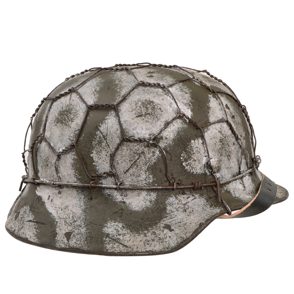 Original German WWII Refurbished M40 SS Battle of Leningrad Winter Camouflage Chicken Wire Helmet - Stamped EF64 Original Items