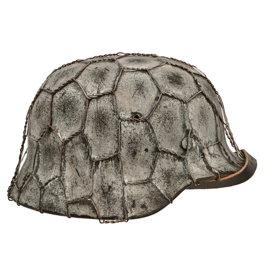 Original German WWII M40 Refurbished SS Late Winter Textured Camouflage Chicken Wire Helmet - Stamped EF66 Original Items