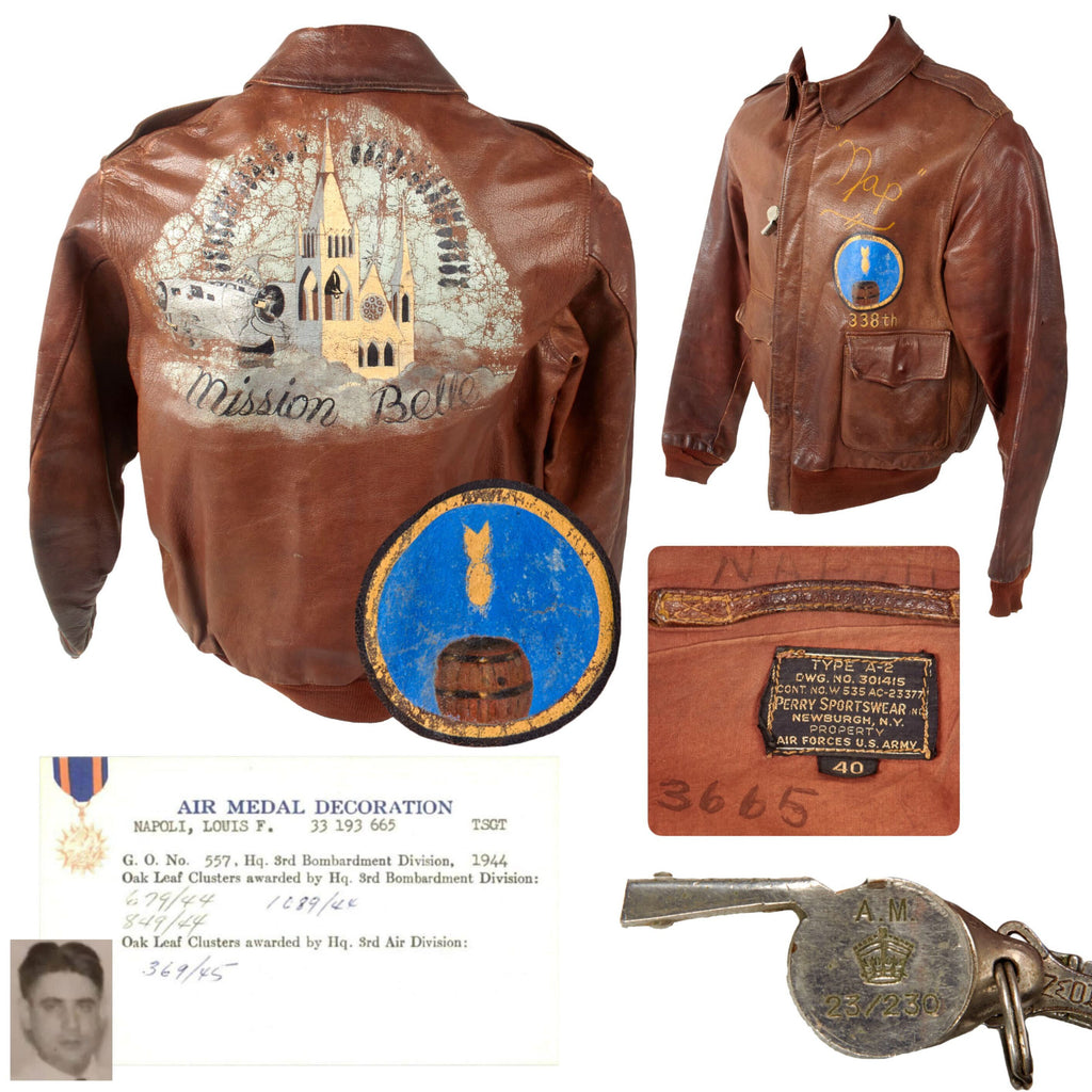 Original U.S. WWII B-17 “Mission Belle” S/Sgt Louis Francis Napoli’s Painted A-2 Flight Jacket with Painted Squadron Patch & British-Made Whistle - 30 Combat Missions - 338th Bomb Squadron, 96th Bomb Group