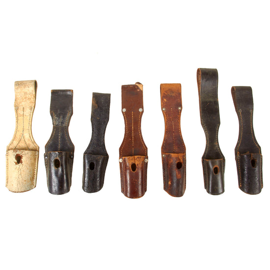 Original German WWII Lot of Seven Leather Bayonet Frogs - Four Maker Marked Original Items