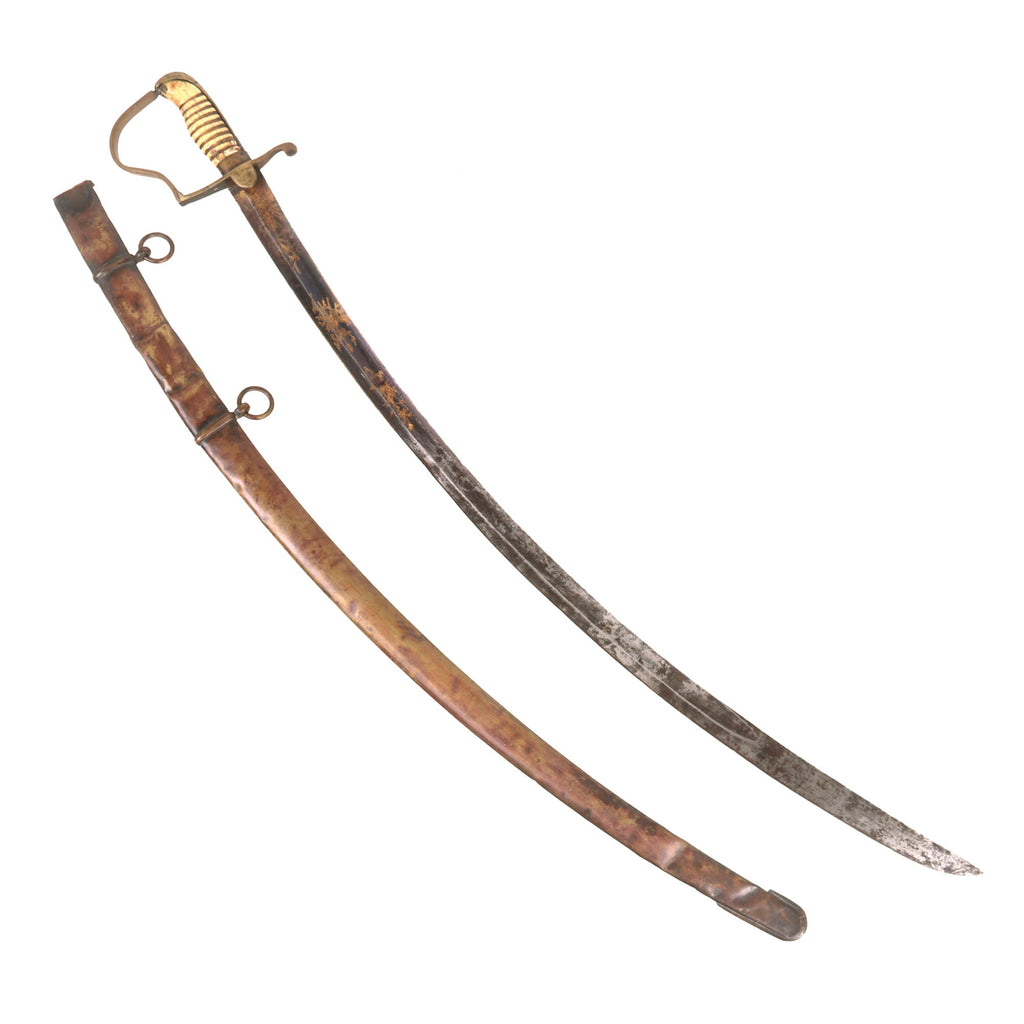 Original U.S. War of 1812 Era Mounted Officer’s Saber with Fire-Blued Gold-Inlaid Blade & Scarce Brass Scabbard - Ribbed Bone Grip Original Items