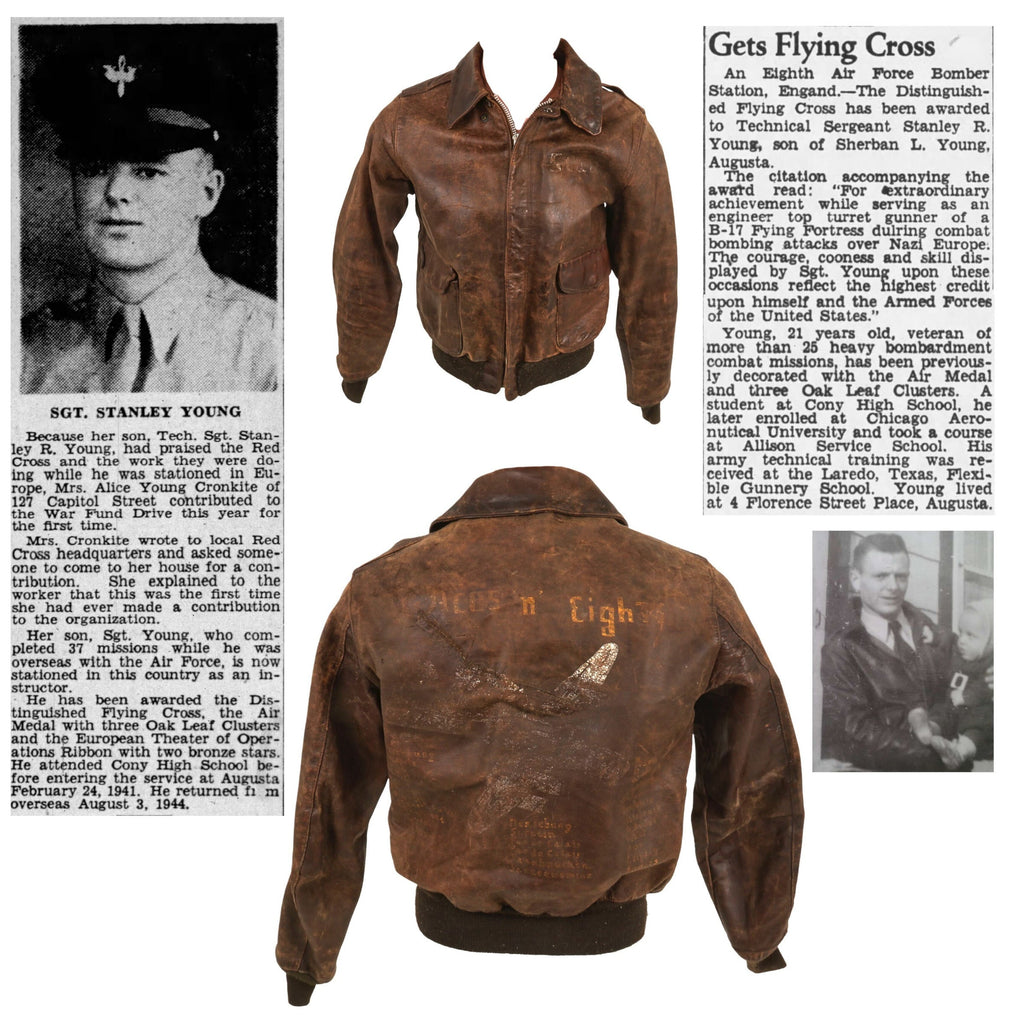 Original U.S. WWII B-17 “Aces N’ Eights” Turret Gunner Distinguished Flying Cross Recipient Technical Sergeant Stanley Young Painted A-2 Flight Jacket - 527th Bomb Squadron, 379th Bomb Group Original Items