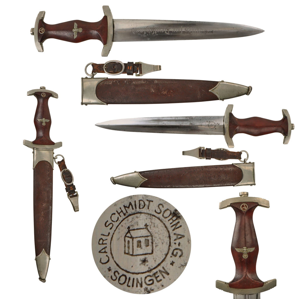 Original German Early WWII SA Dagger by Rare Maker Carl Schmidt Sohn A.-G. of Solingen with Scabbard and Hanger - McSARR Rarity Rated 9 of 10 Original Items