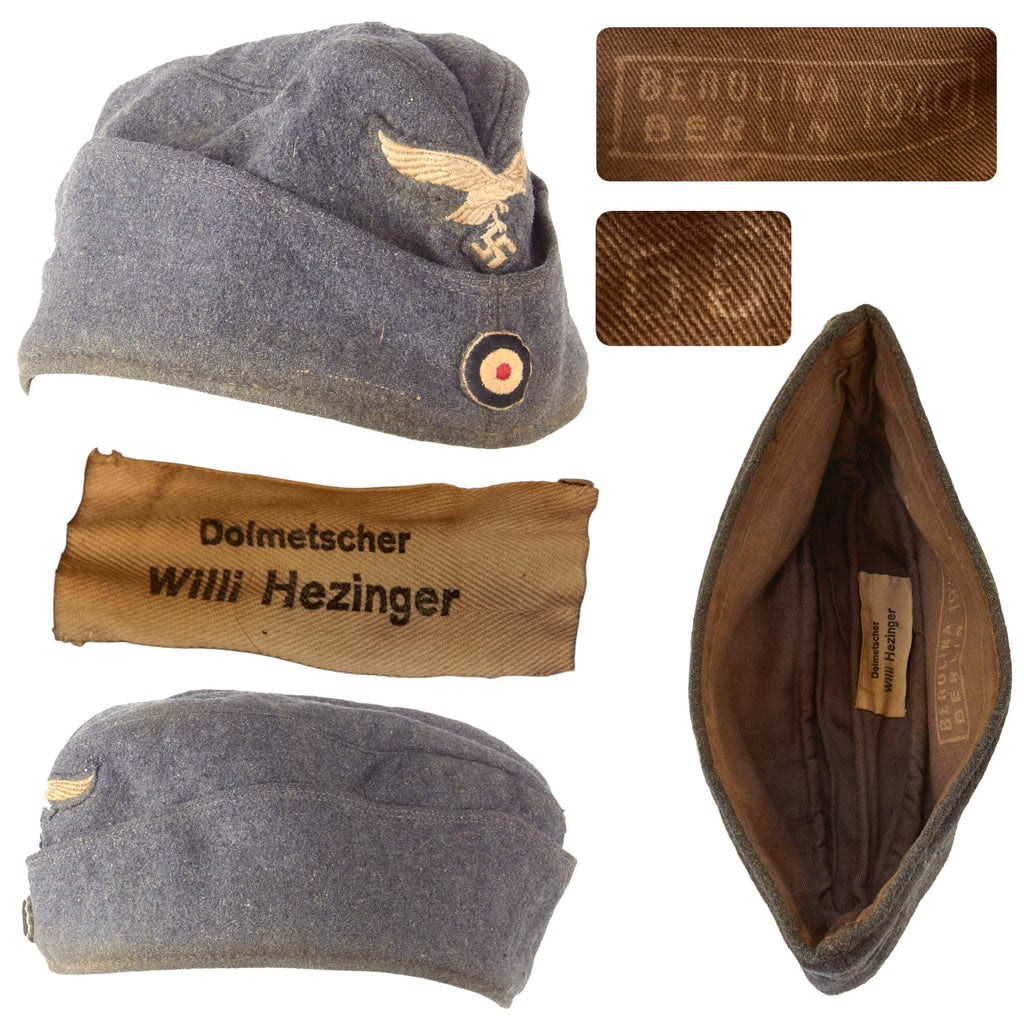 Original German WWII Named Luftwaffe EM-NCO Wool M38 Overseas Cap by Berolina in Size 55 - Schiffchen Original Items