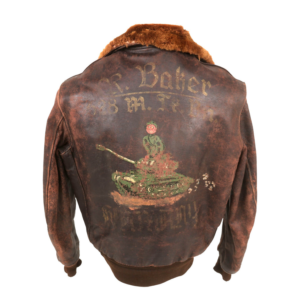 Original U.S. Korean War Era 628th Tank Battalion Painted Leather Tanker Jacket - Stationed in Germany Original Items
