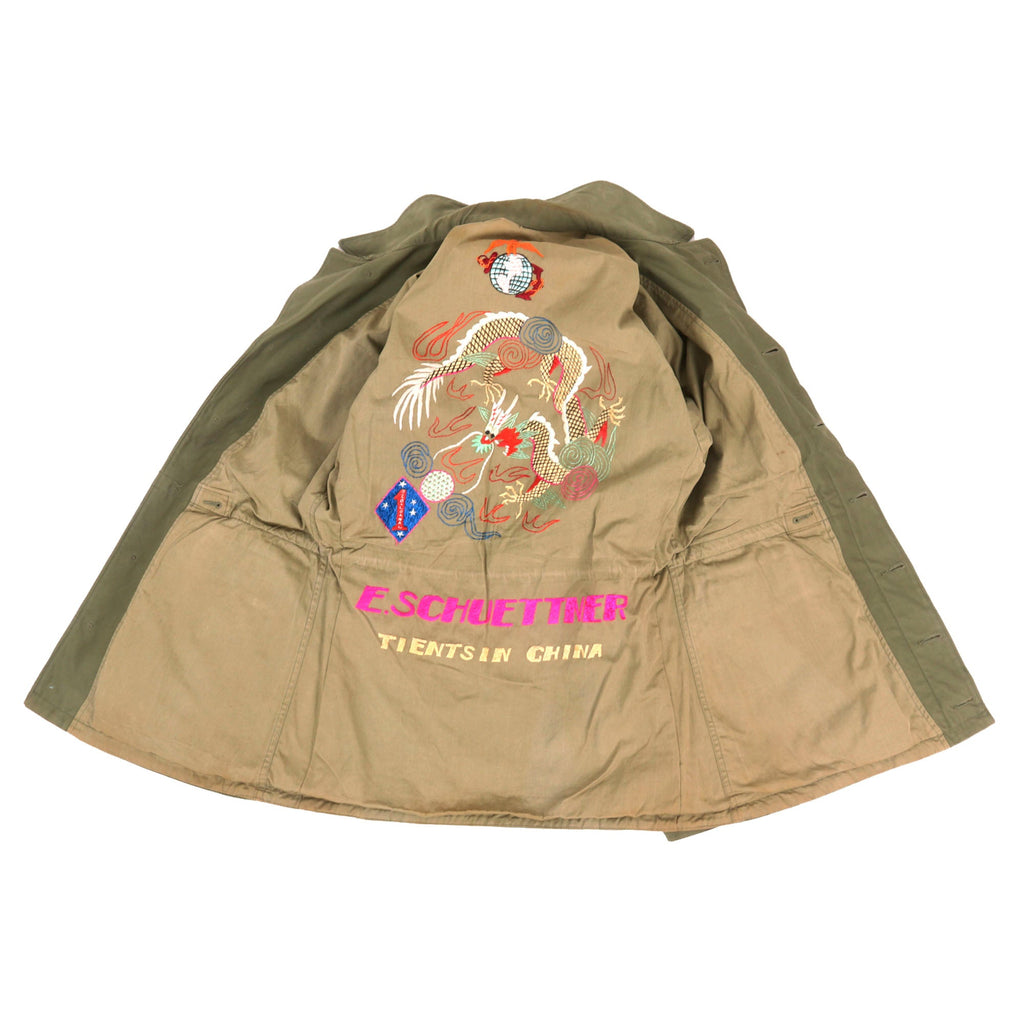 Original U.S. WWII USMC 1st Marine Division China Marine Embroidered M-1943 M43 Field Jacket with Gorgeous Dragon Motif - Ewald Schuettner Original Items
