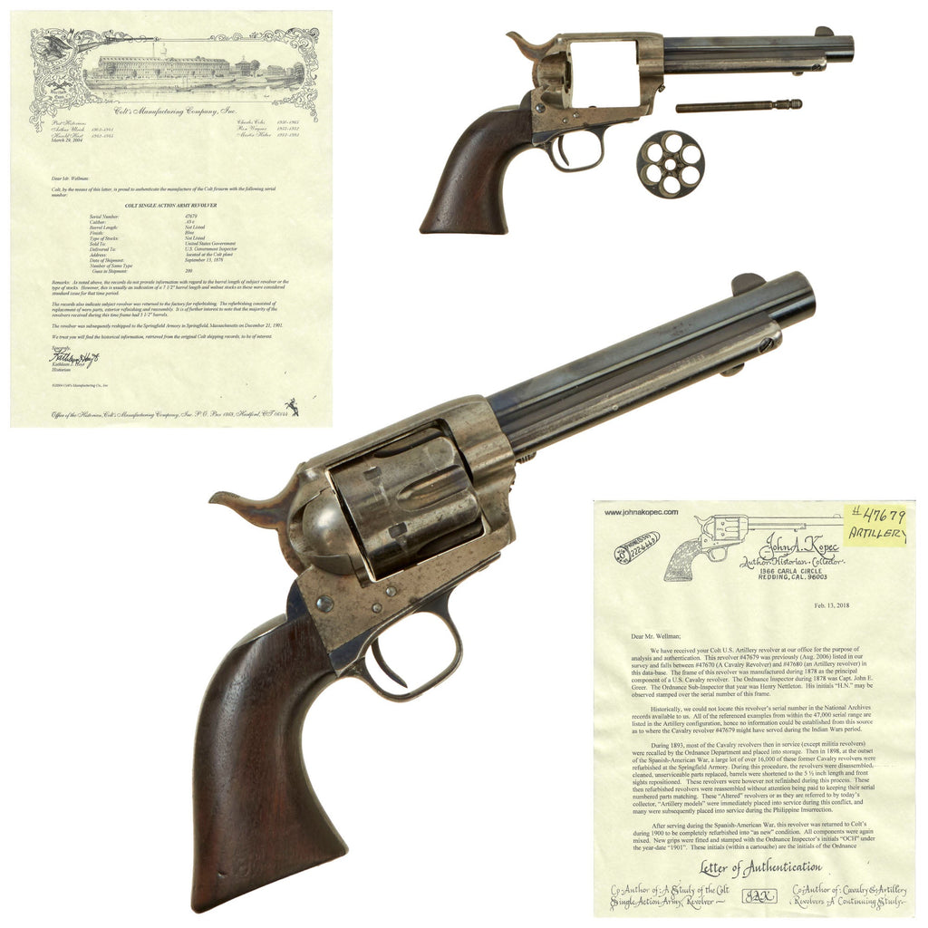 Original 1878 Antique U.S. Surcharged Artillery Model Colt .45cal Single Action Army Revolver with Factory Letter and Research by John A. Kopec - Serial 47679 Made in 1878 Original Items