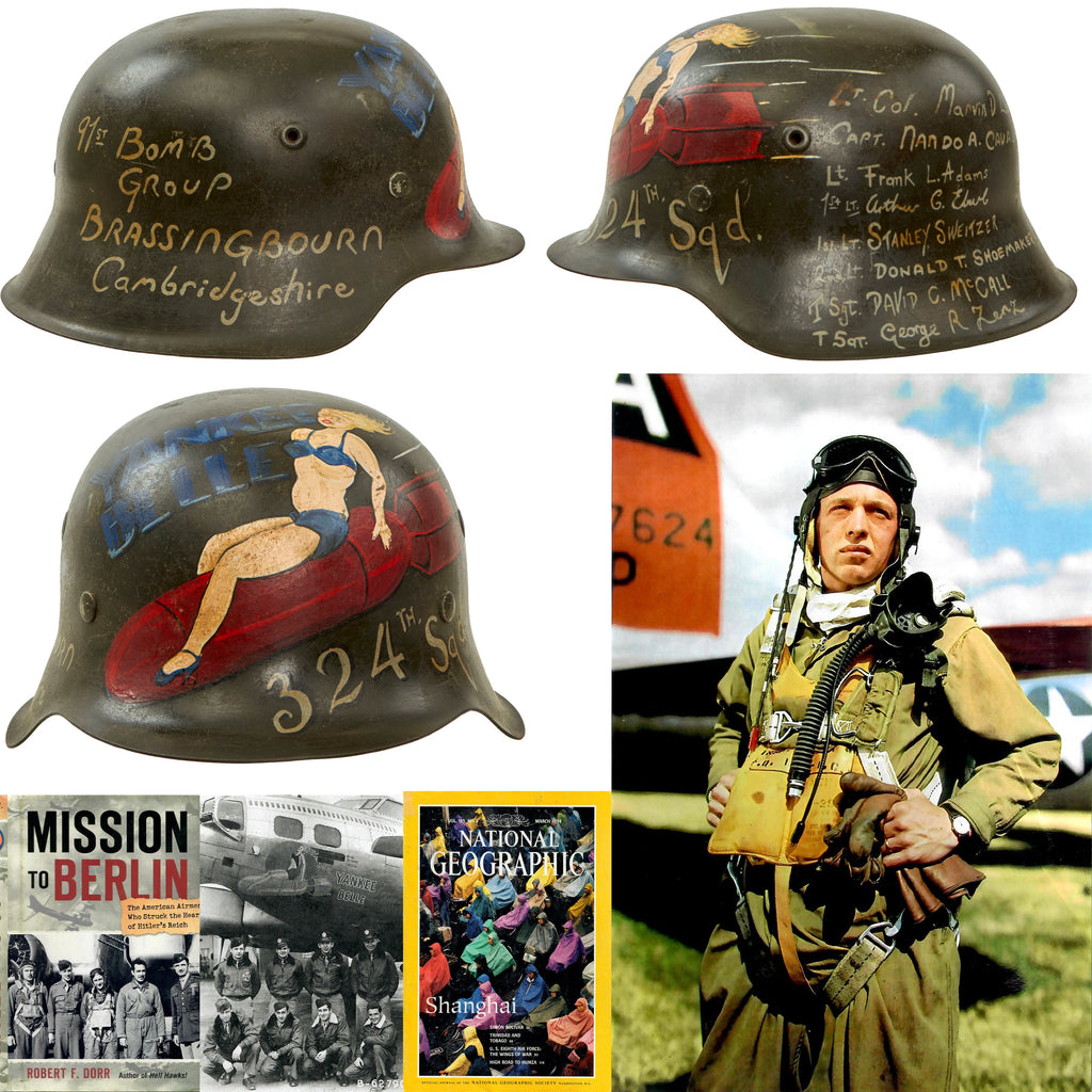 Original U.S. WWII Veteran Painted B-17 Yankee Bell Captured German Helmet – Dedicated to the 91st Bomb Group, 324th Bomb Squadron, and Crew of Lt. Colonel Martin Lord - Featured in National Geographic Magazine Original Items