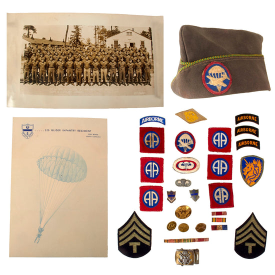 Original U.S. WWII 82nd Airborne Division Military Police Garrison Cap & Insignia Grouping with Yardlong Photo - Dalton C Spoonemore, Company M, 325th Glider Infantry Regiment Original Items