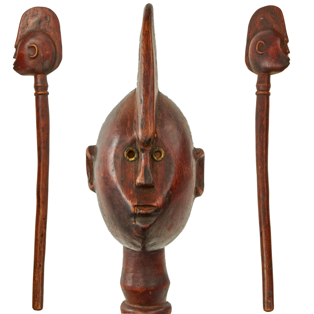 Original Victorian Era Maasai Rungu Wooden Throwing Club – High-Rank Tribal Warrior’s War Club – Extra Long 29" Example with Carved Human Head and Brass Inlay Original Items
