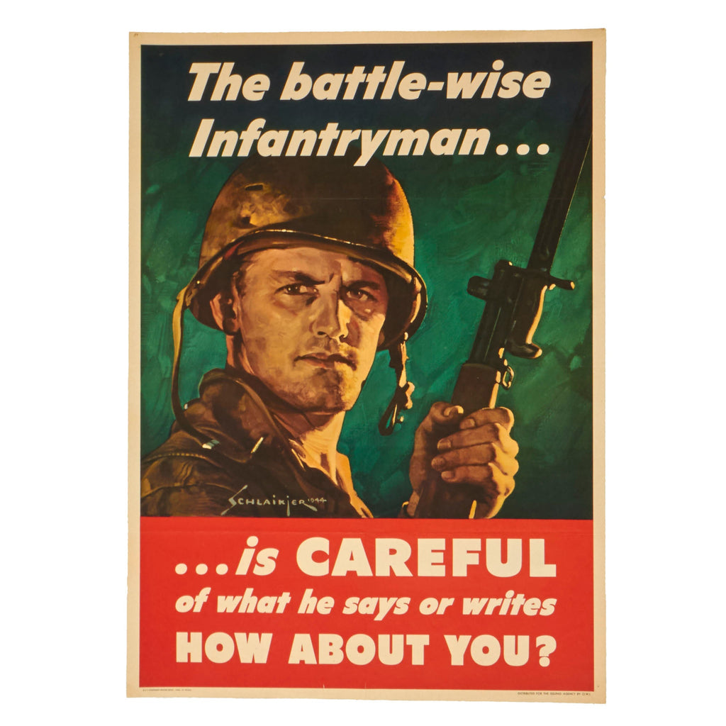Original U.S. WWII “The Battle-Wise Infantryman is Careful” Anti-Espionage Propaganda Poster - 20 x 28” Original Items