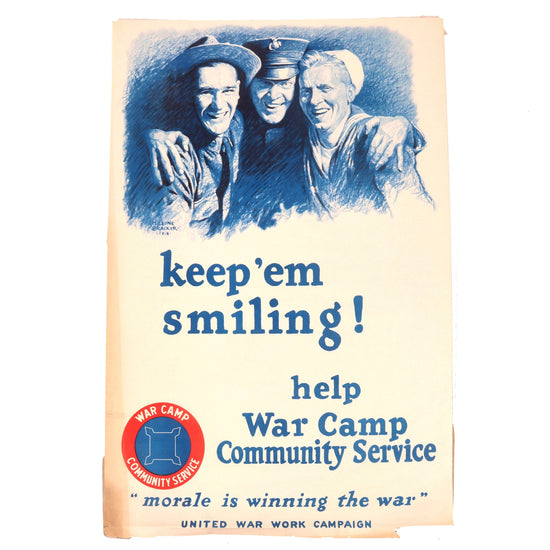 Original U.S. WWI “Keep ‘Em Smiling” War Camp Community Service Poster - 28 x 41” Original Items