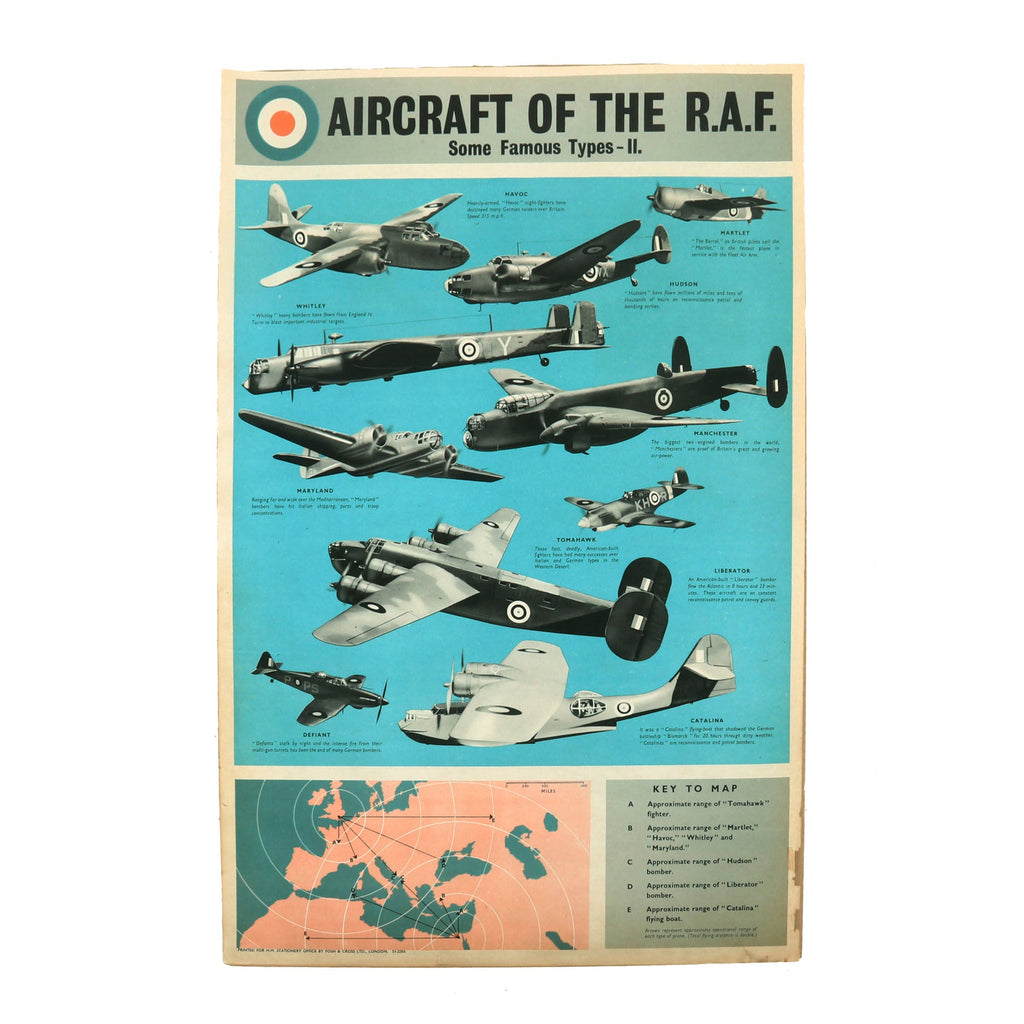 Original British WWII Aircraft of the Royal Air Force RAF Recognition Poster with Map & Key - 20 x 30” Original Items