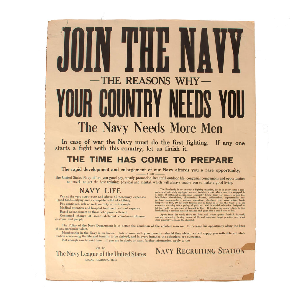 Original U.S. WWI “Join the Navy” Navy League Recruitment Poster - 22 x 28” Original Items