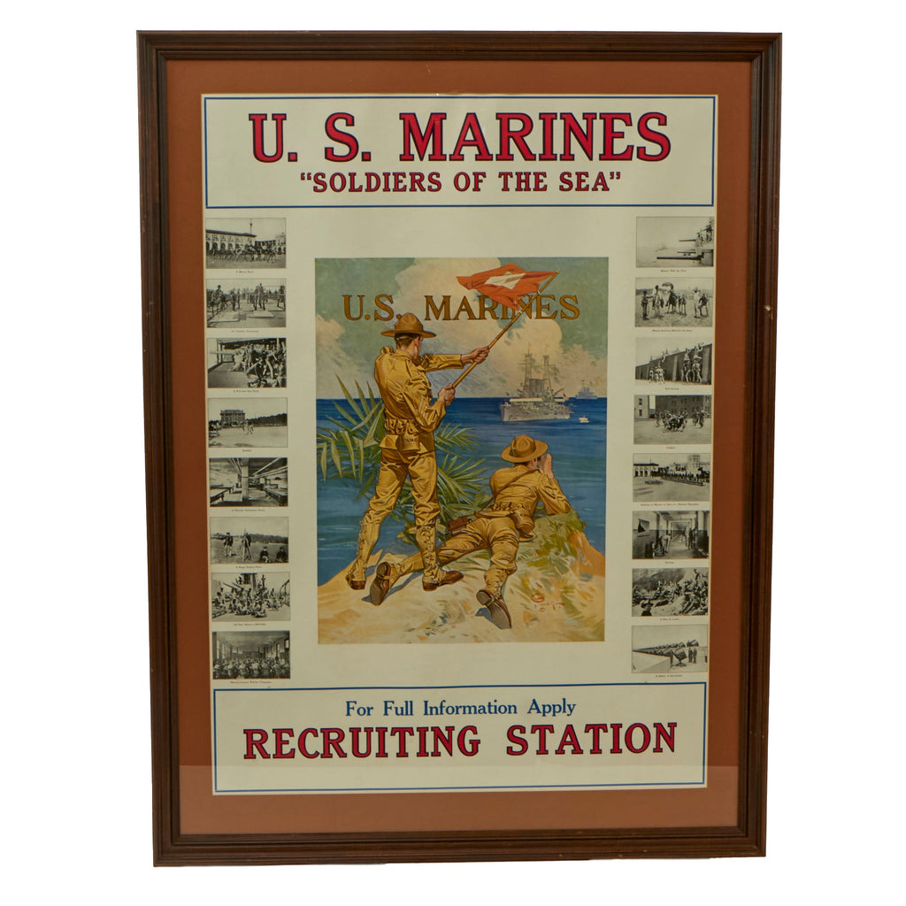 Original U.S. WWI Scarce Framed USMC Recruitment Poster - U.S. Marines - Soldiers of the Sea by Leyendecker - Khaki Marines - 32¼ x 42¾” Original Items