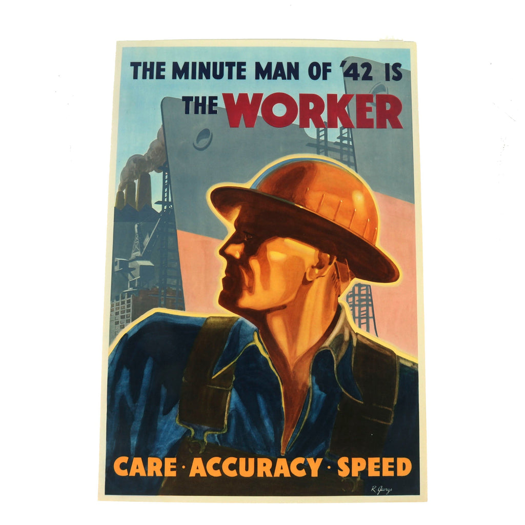 Original U.S. WWII “The Minute Man of ‘42 is the Worker” Production Propaganda Poster - 16¾ x 24¾” Original Items
