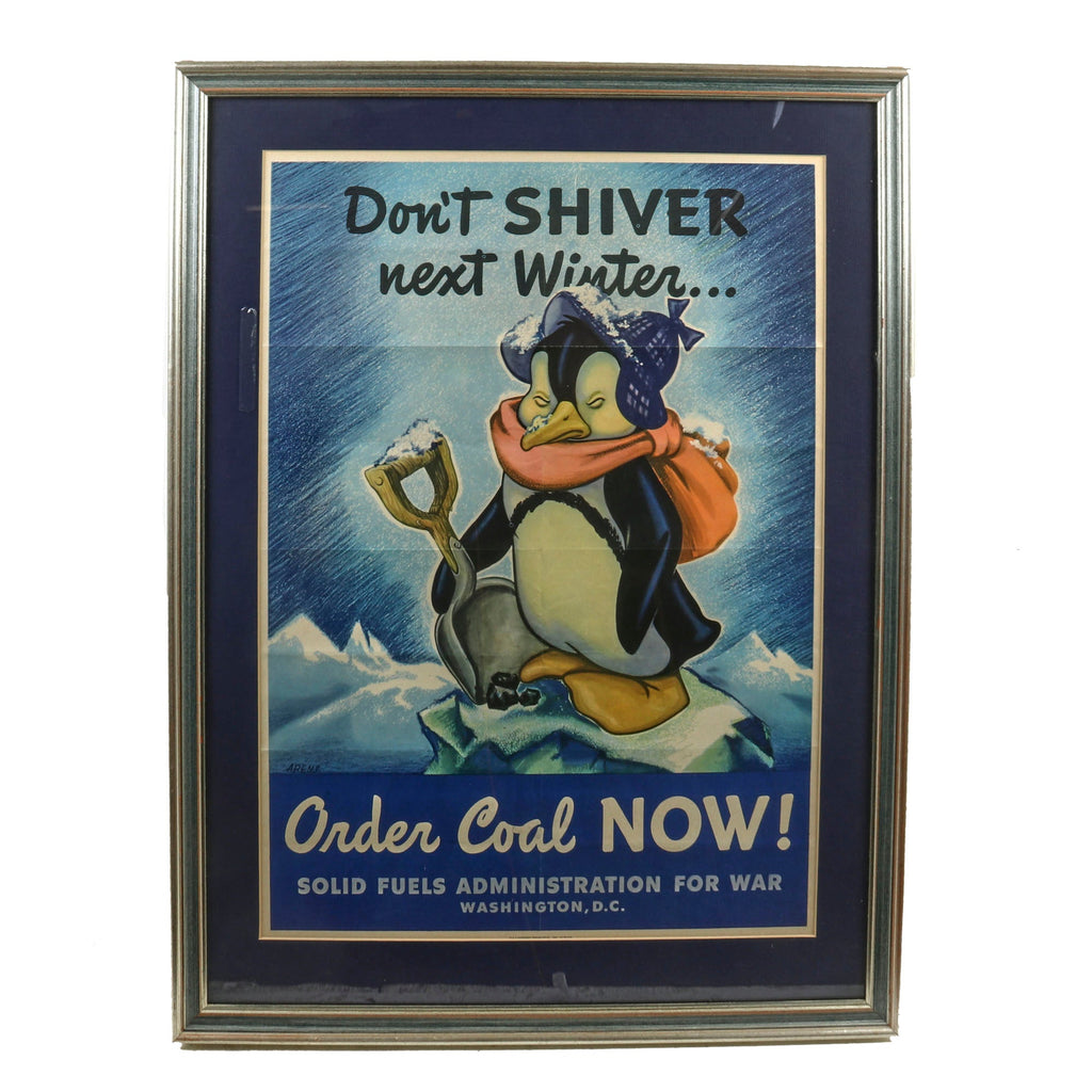 Original U.S. WWII Framed “Don’t Shiver Next Winter” Penguin Coal Promotion Poster - 24 x 32” Original Items