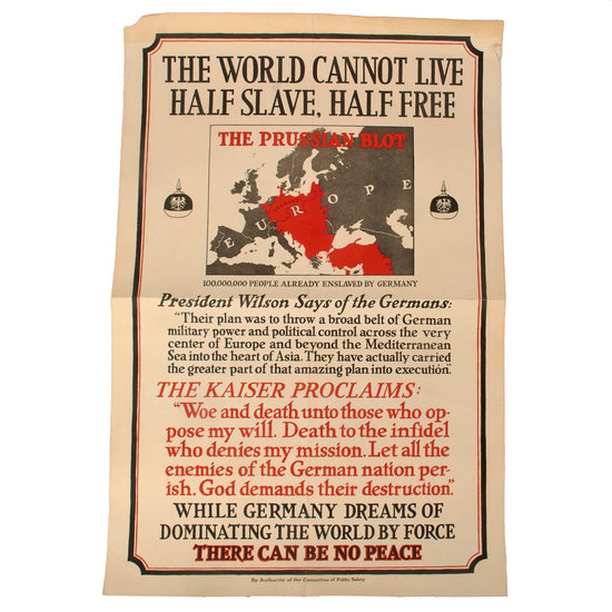 Original U.S. WWI Committee of Public Safety “The World Cannot Live Half Slave, Half Free” Prussian Blot Propaganda Poster - 20 x 30” Original Items