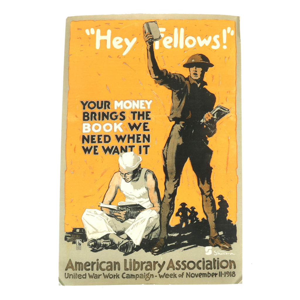 Original U.S. Post WWI United War Work Campaign “Hey Fellows!” American Library Association Fundraising Poster - 20” x 30” Original Items