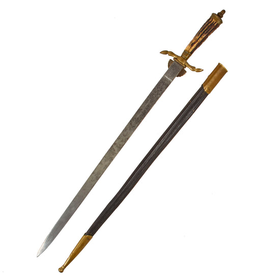 Original German 19th Century Unit-Marked Hirschfänger Stag Handle Triple Etched Hunting Short Sword with Scabbard - Possibly Schutztruppe Original Items