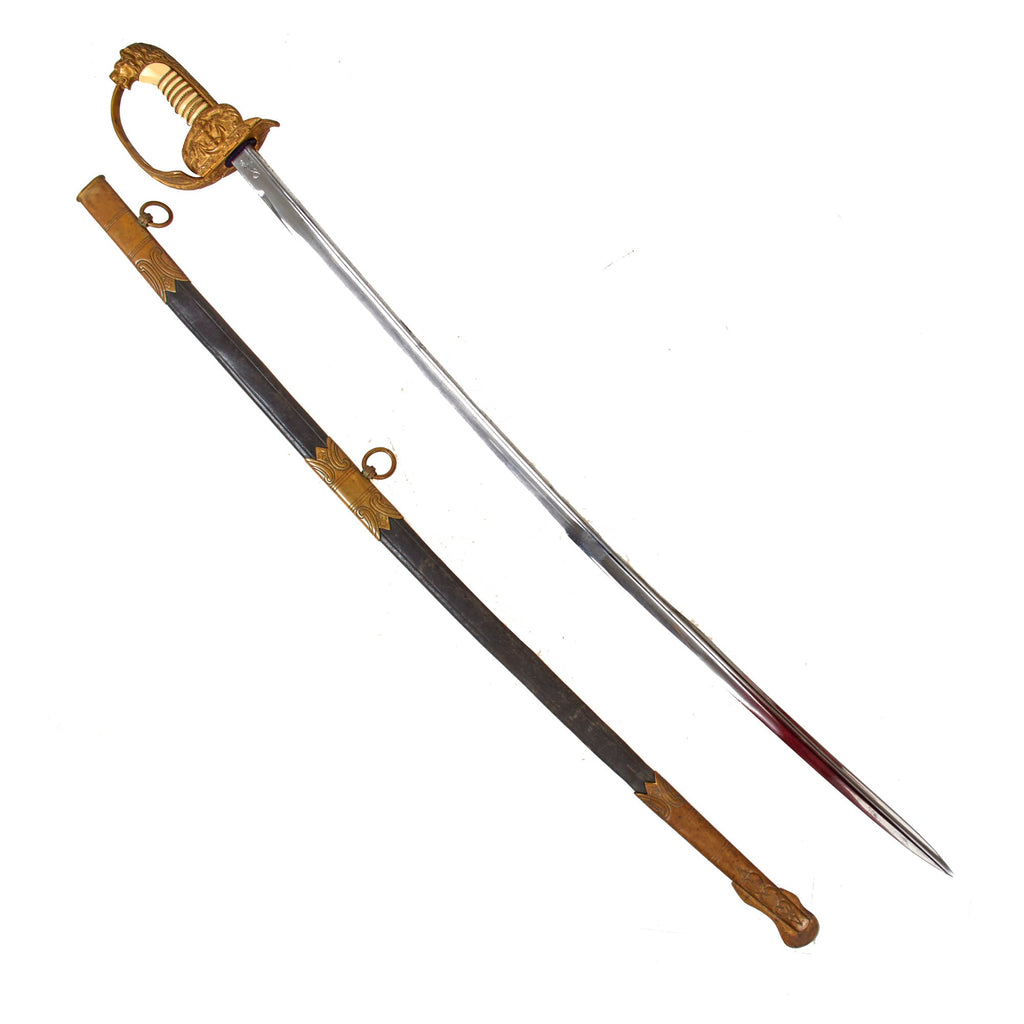 Original German WWII Kriegsmarine Navy Officer Pipe Back Lion Head Sword by WKC Waffenfabrik with Leather Scabbard Original Items