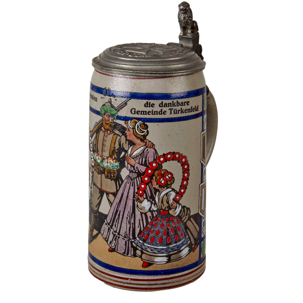 Original Imperial German WWI Soldier with Family Beer Stein with Iron Cross Lid - Aumiller Sebastian Original Items
