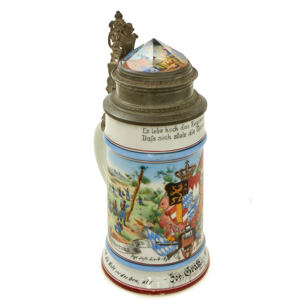 Original Imperial German Pre-WWI Bayerisches Leib-Infanterie-Regiment Beer Stein with Prism Lid - Dated 1898-1900 Original Items