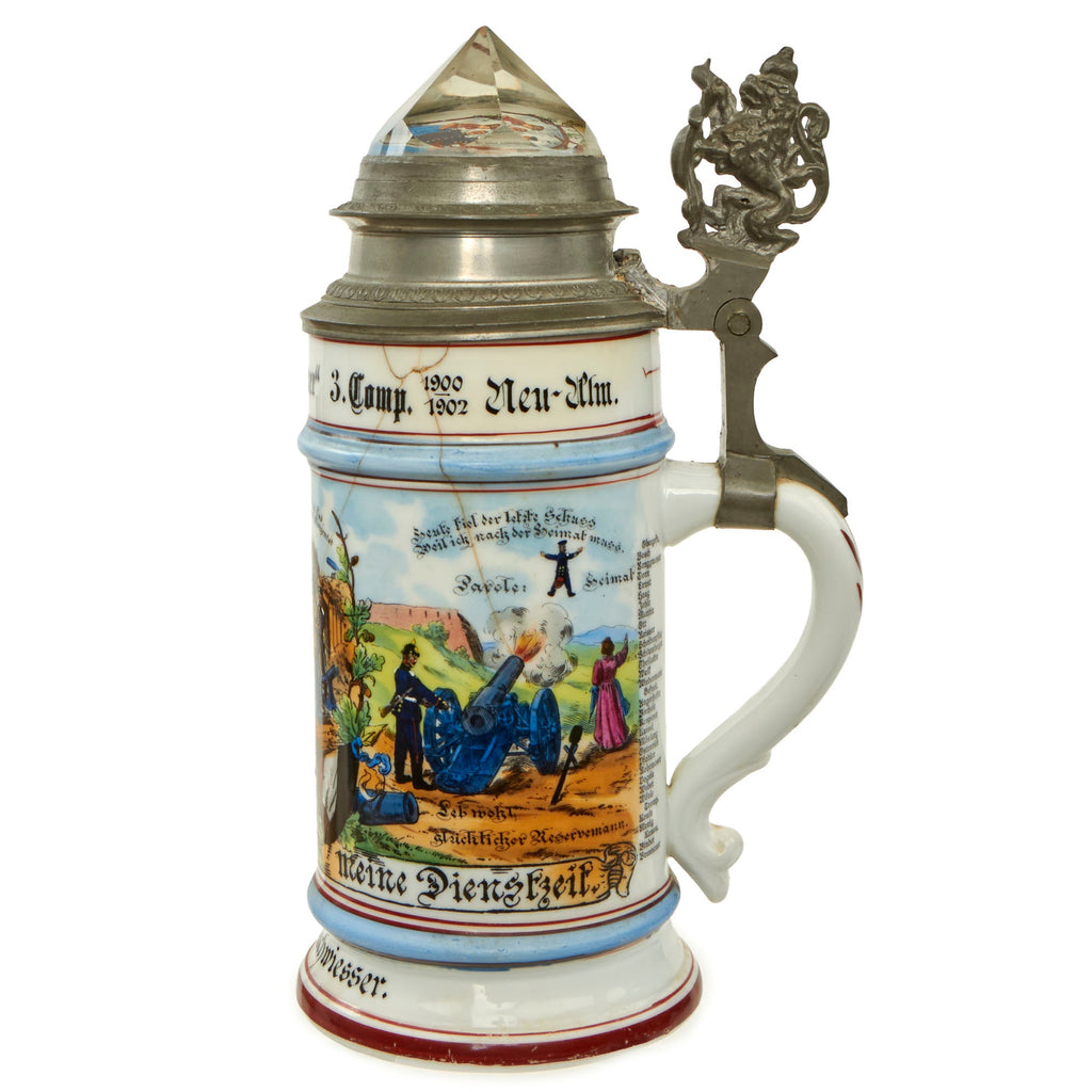 Original Imperial German Pre-WWI Era Bavarian 1st Foot Artillery Regiment “Vacant Bothmer” Beer Stein with Prism Lid - Dated 1900-1902 Original Items