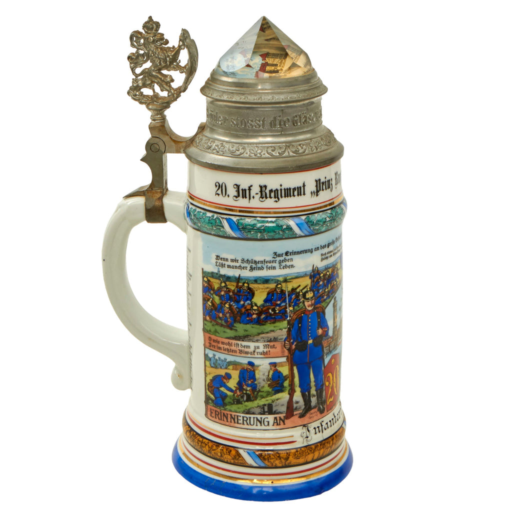Original Imperial German WWI Era 20th Royal Bavarian Infantry "Prinz Rupprecht" Beer Stein with Glass Crystal Hinged Lid - Dated 1908-1910 Original Items