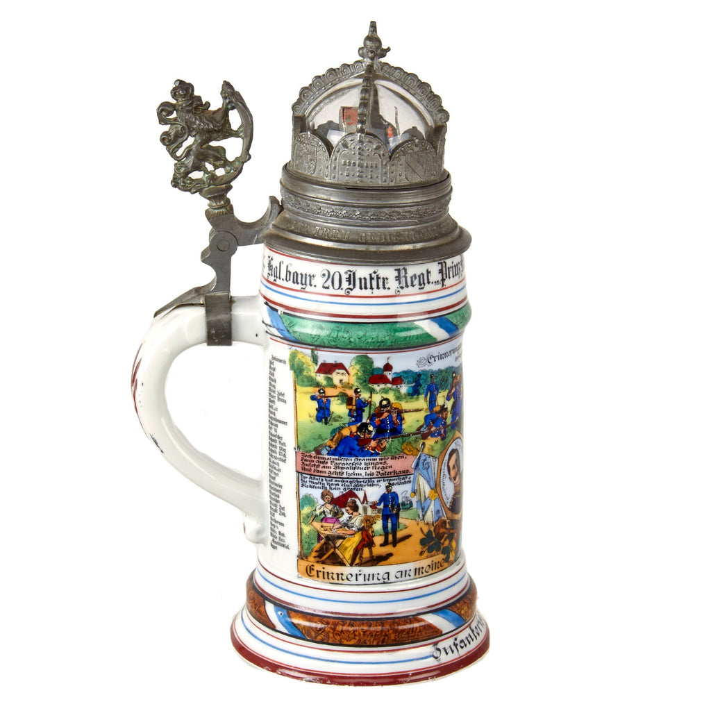 Original Imperial German WWI Era 20th Royal Bavarian Infantry "Prinz Rupprecht" Beer Stein with Unusual Glass Dome Hinged Lid by Jakob Maier - Dated 1908-1910 Original Items