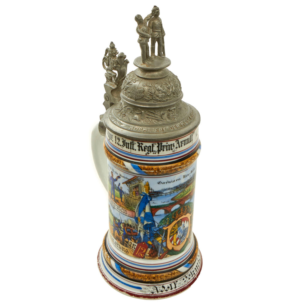 Original Imperial German WWI Era 12th Bavarian Infantry “Prinz Arnulf” Regiment Beer Stein with Hinged Lid - Dated 1903-1905 Original Items