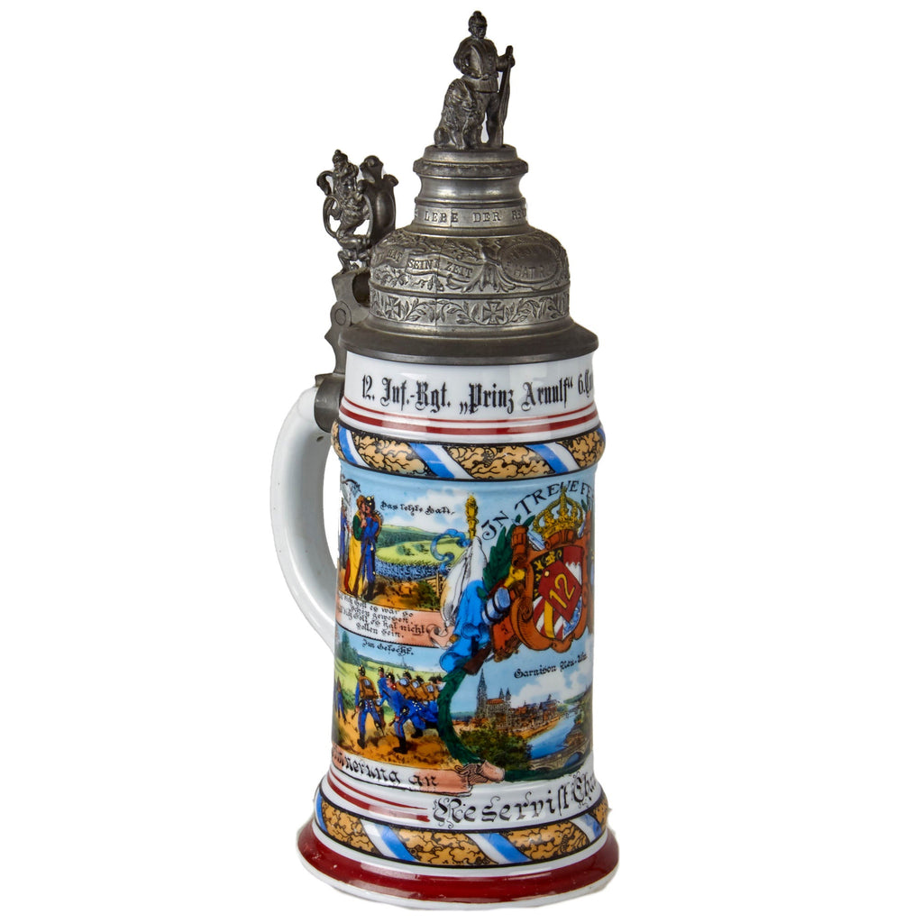 Original Imperial German WWI Era 12th Bavarian Infantry “Prinz Arnulf” Regiment Beer Stein with Hinged Lid - Dated 1902-1904 Original Items