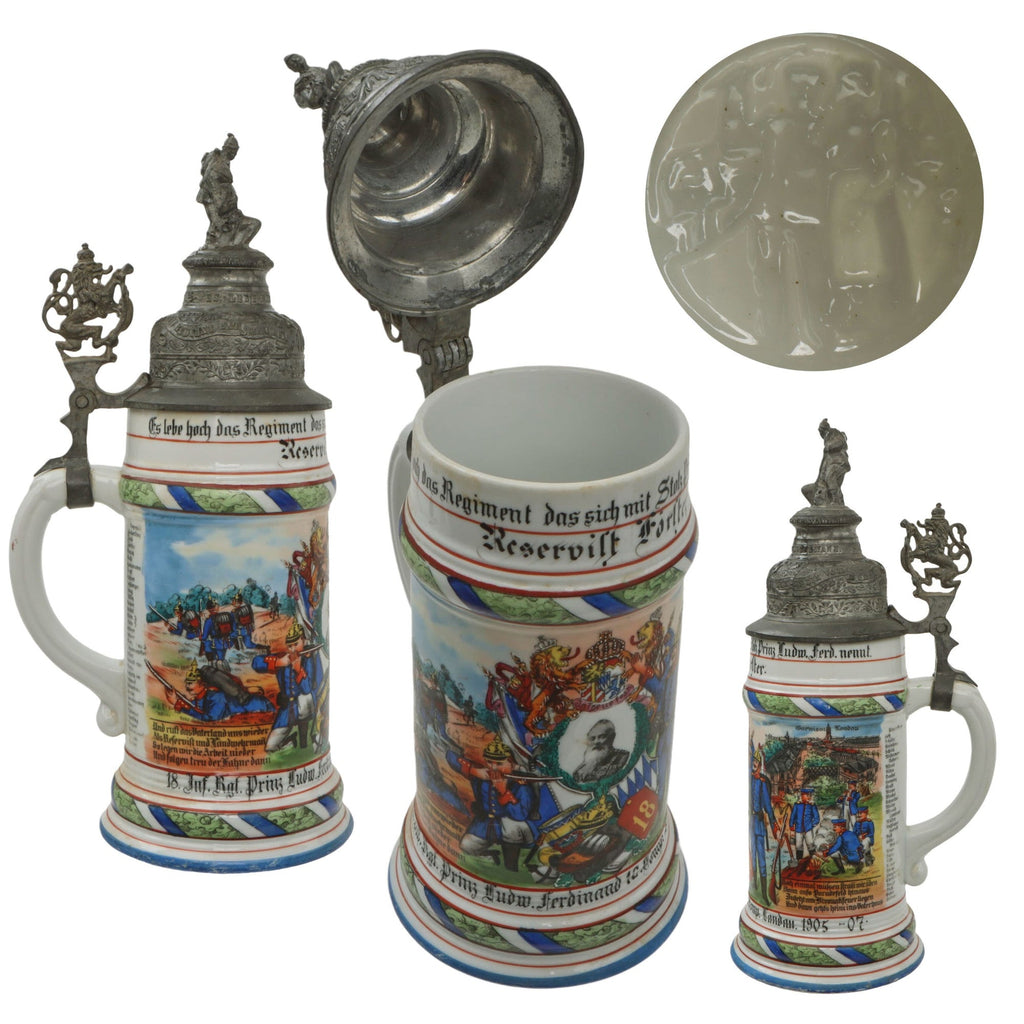 Original Imperial German WWI Era 18th Royal Bavarian Infantry Regiment Reservist Beer Stein with Hinged Lid - Dated 1905-07 Original Items