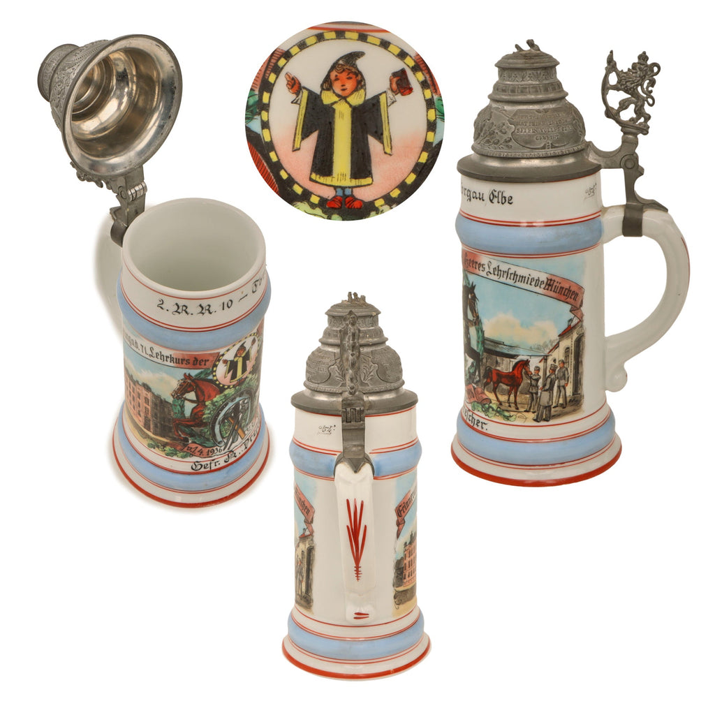 Original German Pre-WWII Veterinary Unit Beer Stein with Depiction of Munich Maid & Damaged Hinged Lid - Dated 1936 Original Items