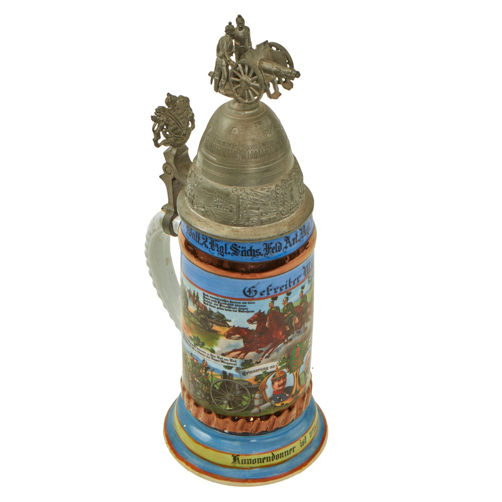 Original Imperial German WWI Era Saxon 28th (2nd Royal Saxon) Field Artillery Regiment Beer Stein with Outstanding Artillery Fuze Hinged Lid - Dated 1911-1913 Original Items