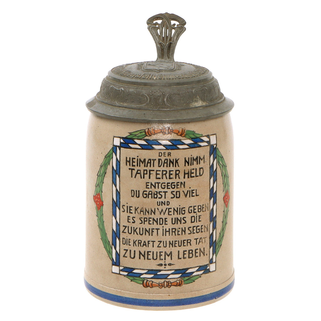 Original Imperial German WWI Hassfurt Municipality Soldier Lidded Beer Stein with Maker’s Mark Original Items