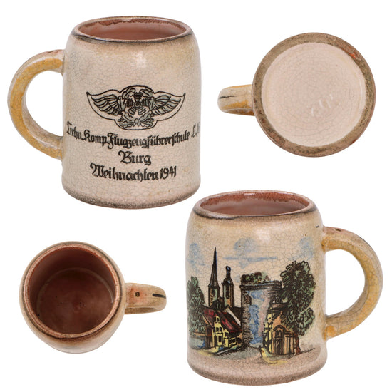 Original German WWII 1941-Dated Luftwaffe Technical Company, Pilot Training School Christmas Beer Stein with Pilot Wing & Burg Depiction - No Lid Original Items