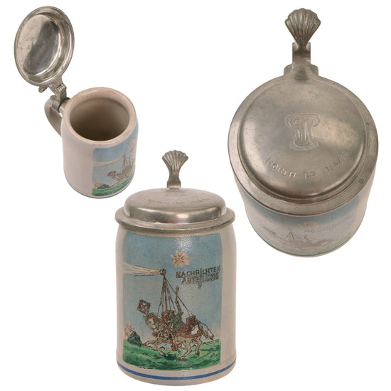 Original German Pre-WWII 7th Signal Battalion Lidded Beer Stein with Horseback Signalman Depiction - Dated 1935-1936 Original Items