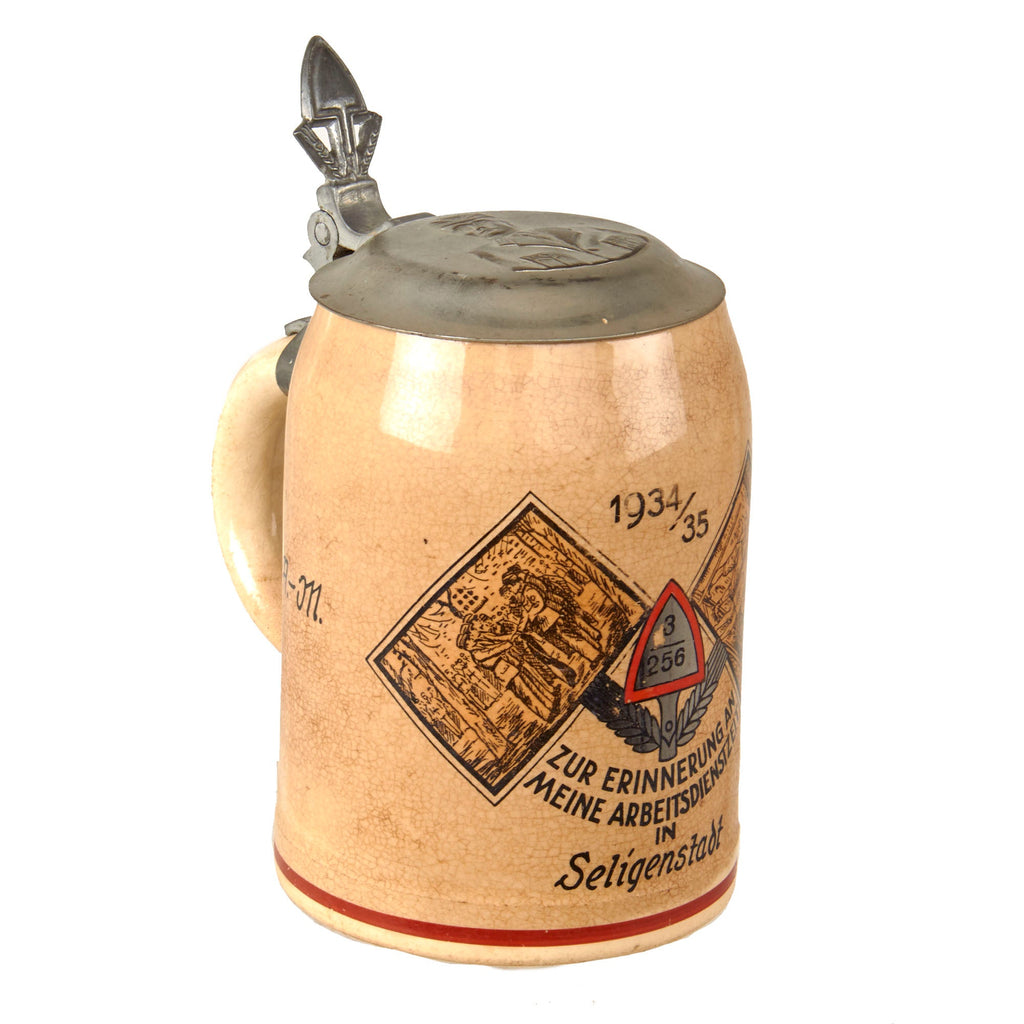 Original German Pre-WWII NSAD RAD Reichsarbeitsdienst National Labor Service Lidded Beer Stein with Shovel Hinge Original Items