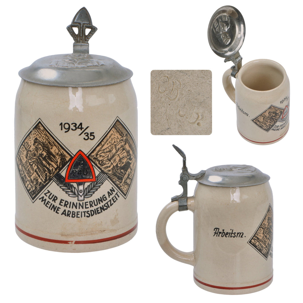 Original German Pre-WWII NSAD RAD Reichsarbeitsdienst National Labor Service Lidded Beer Stein with Shovel Hinge - Dated 1934 - 35 Original Items