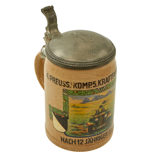 Original German Pre-WWII 4th Prussian Company 5th Motor Vehicle Division Lidded Beer Stein with Camouflaged Vehicle Depiction Original Items