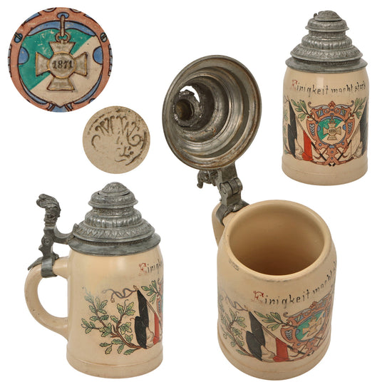 Original Imperial German Franco-Prussian War 1871 Lidded Beer Stein - “Unity is Strength” - Damage to Lid Original Items