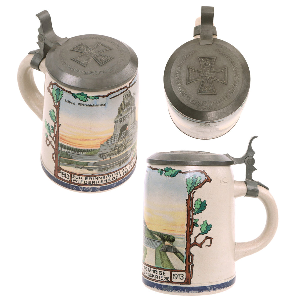 Original Imperial German Pre-WWI Wars of Liberation Centenary Lidded Beer Stein with 1813 Iron Cross on Lid Original Items