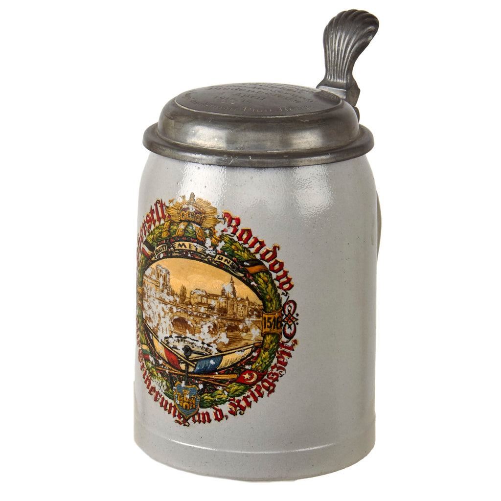 Original Imperial German WWI Painted Arming of Diedenhofen Beer Stein with Engraved Lid by Zinngiesserei of München - Dated 1916 Original Items