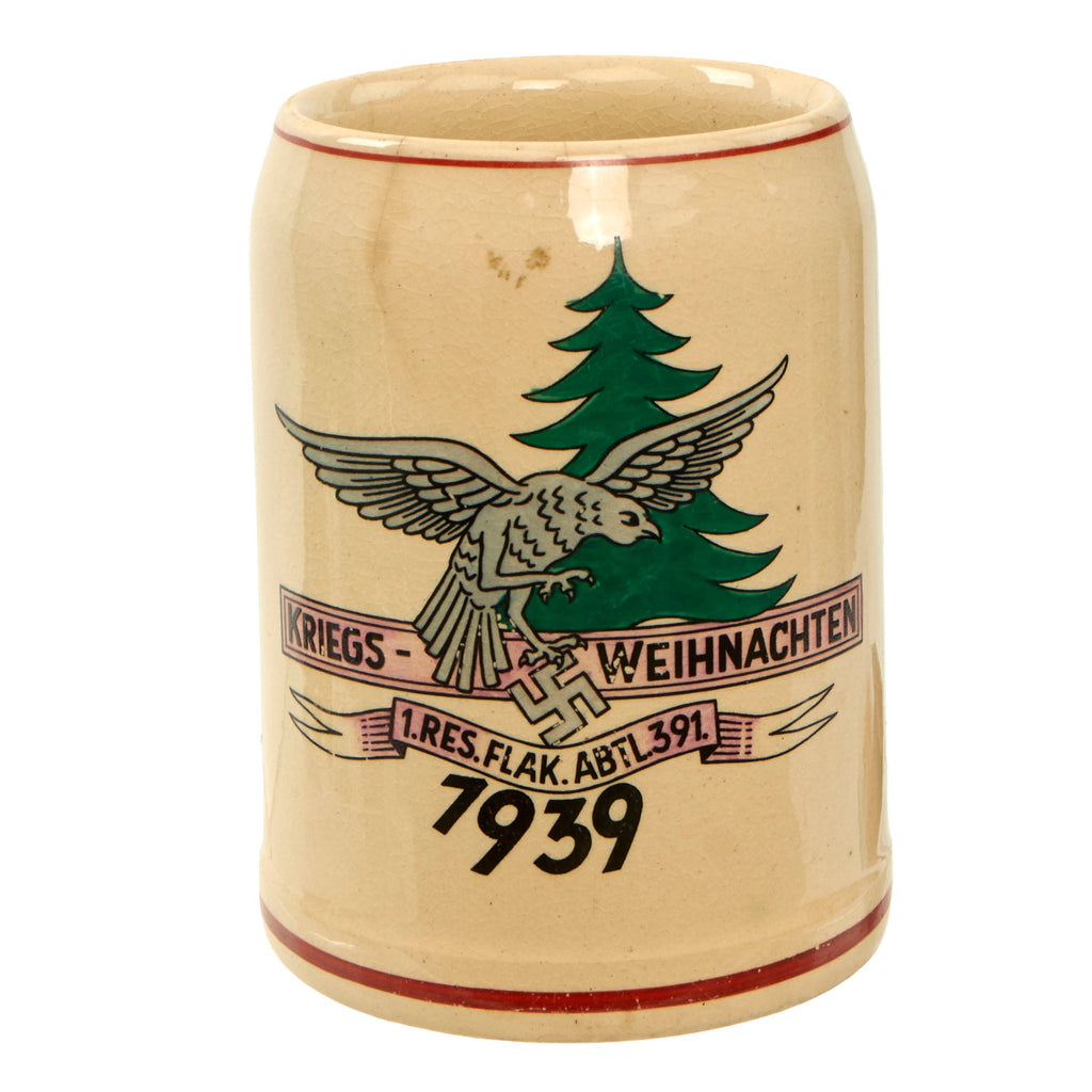 Original German WWII 1939-Dated 1st Reserve Flak-Abteilung 391 Beer Stein with Droop-Tail Eagle War Christmas Depiction - No Lid Original Items