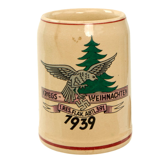 Original German WWII 1939-Dated 1st Reserve Flak-Abteilung 391 Beer Stein with Droop-Tail Eagle War Christmas Depiction - No Lid Original Items
