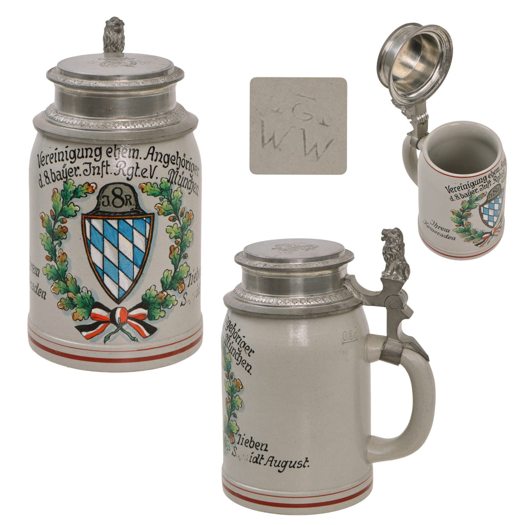 Original Imperial German WWI Era 8th Royal Bavarian Infantry Regiment Beer Stein with Hinged Lid & Maker’s Mark Original Items