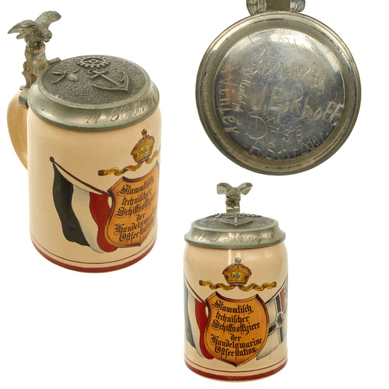 Original Imperial German Pre-WWI Kaiserliche Marine Merchant Marine Navy Lidded Stein with Nine Sailor Names Inscribed Under Lid Original Items