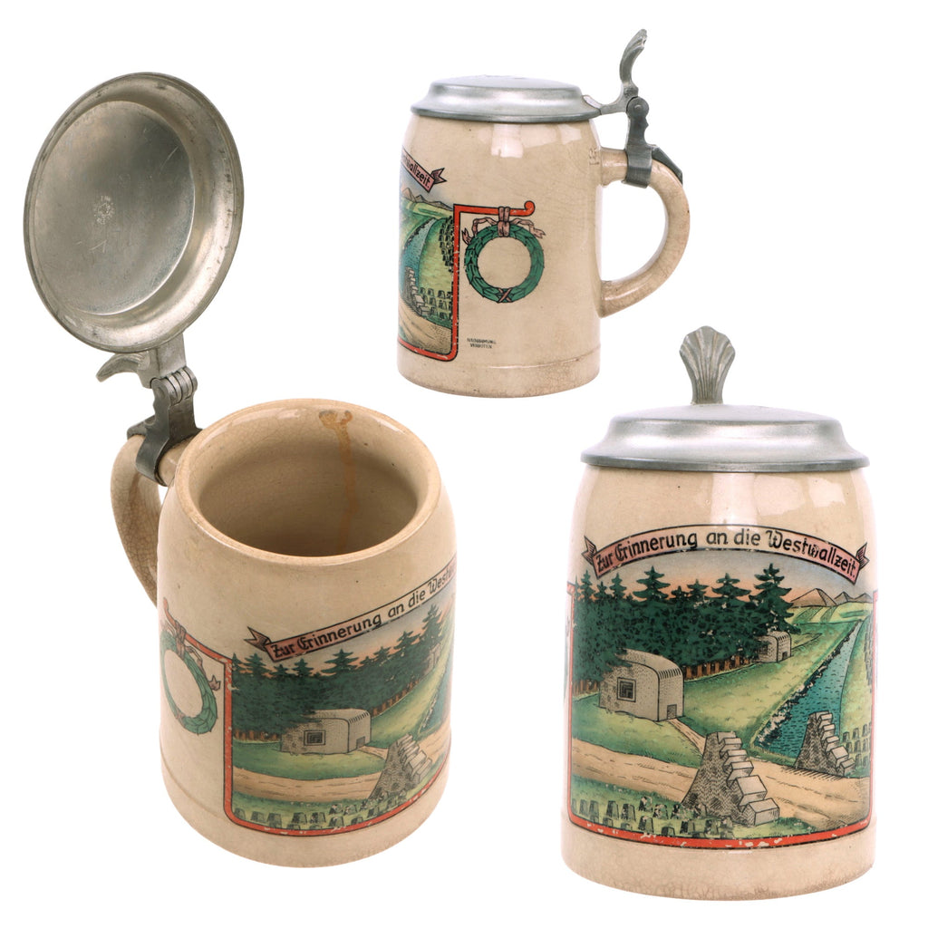 Original German WWII West Wall Service Memories Lidded Beer Stein - Zur Erinnerung an die Westwallzeit Original Items
