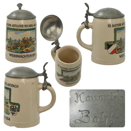Original German Pre-WWII 10. Batterie Artillerie Regiment Nbg. Ansbach Regimental Christmas 1934 Lidded Beer Stein with Artillery Crew Depiction - Kanonier Bohl Original Items